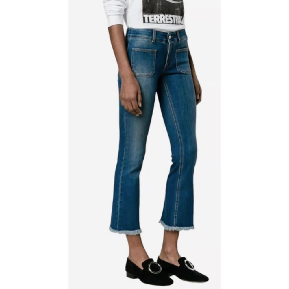 Stella McCartney Kick Flare Frayed Pocket Jeans, size 28